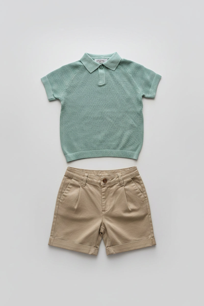 Completo Neonato Polo Verde Acqua e Bermuda Beige STELLE&PUPI