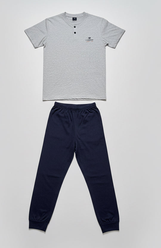 Pigiama Uomo 3 Pezzi con T-shirt Serafino, Pantalone Lungo e Bermuda Grigio/Navy IL GRANCHIO – Taglia 52