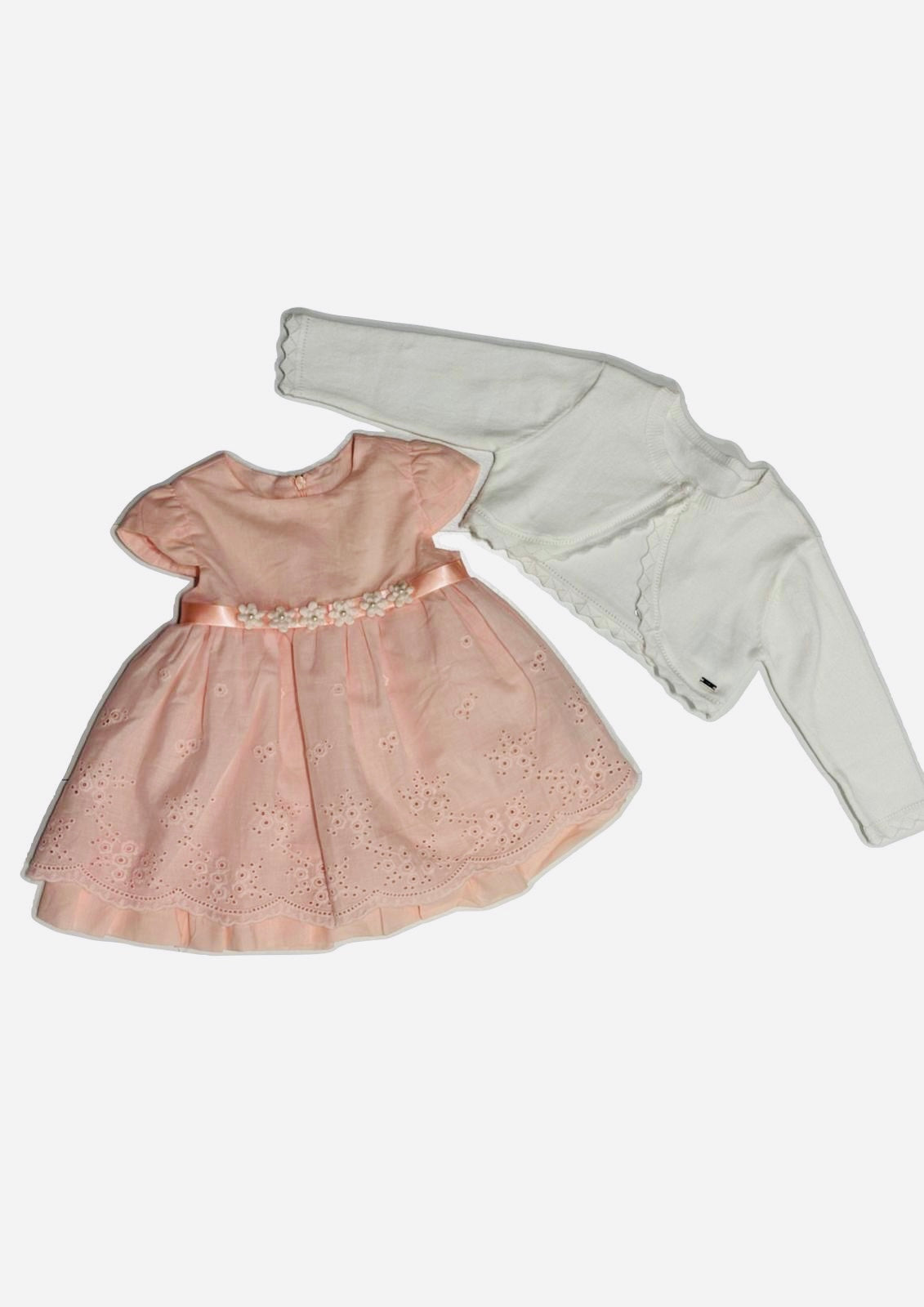Abito neonata in pizzo Sangallo rosa cipria + cardigan corto tricot LOLLITOP