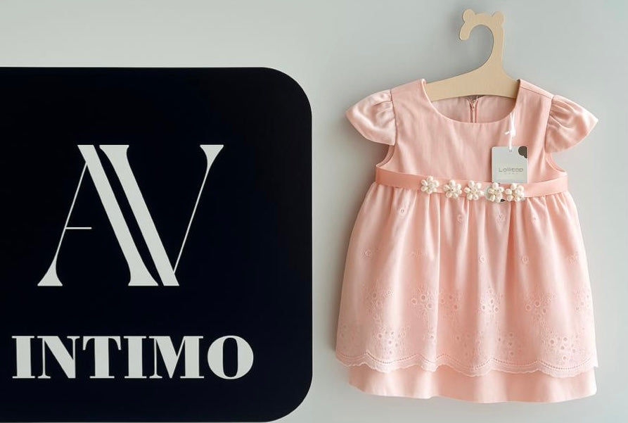 Abito neonata in pizzo Sangallo rosa cipria + cardigan corto tricot LOLLITOP