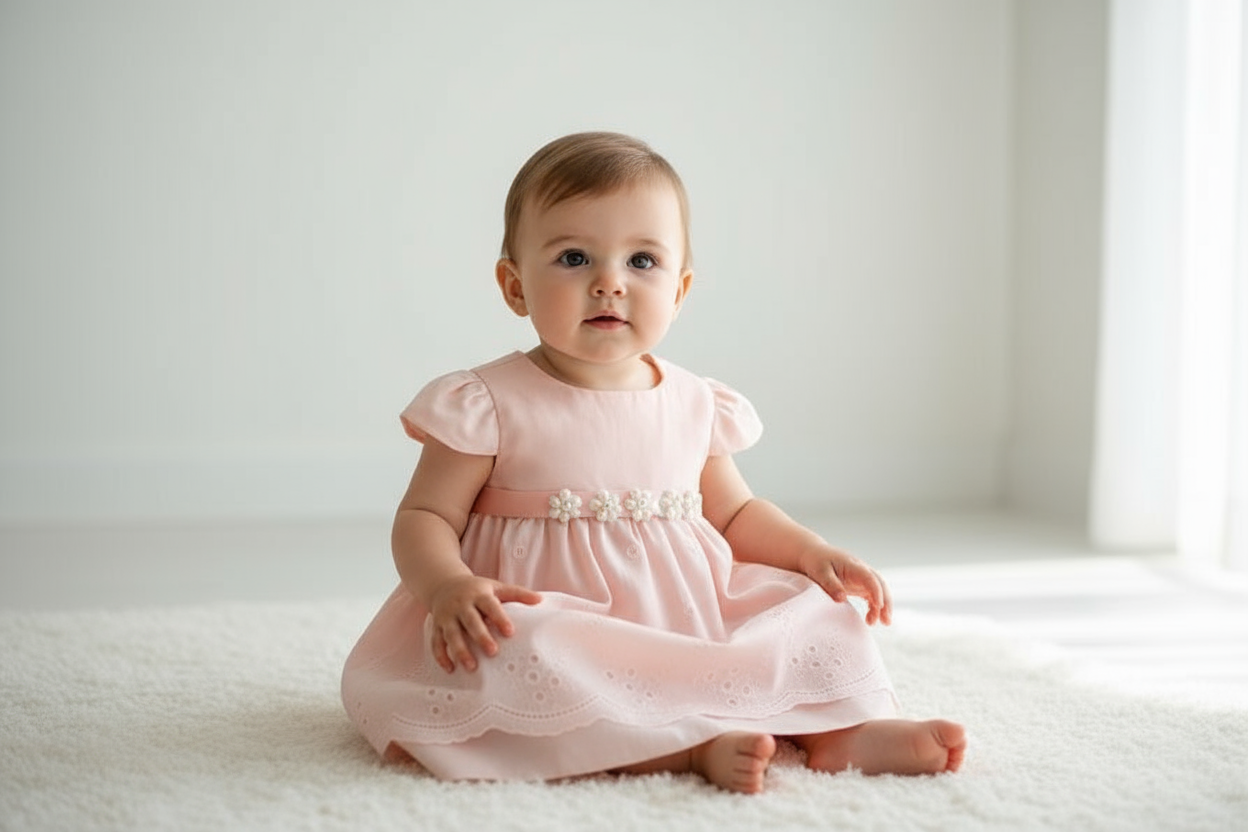 Abito neonata in pizzo Sangallo rosa cipria + cardigan corto tricot LOLLITOP