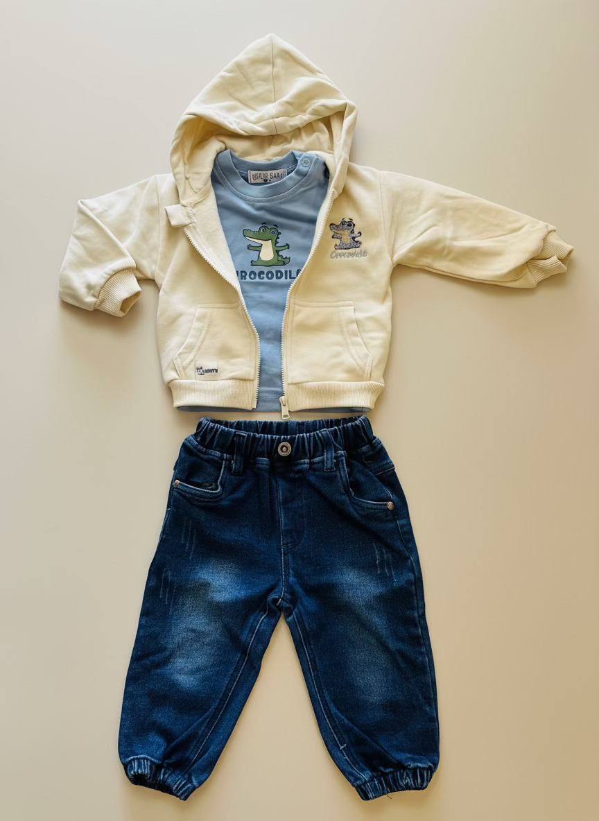 Completo Neonato 3 pezzi, maglia in caldo cotone+felpa con zip+pantalone in jeans di cotone