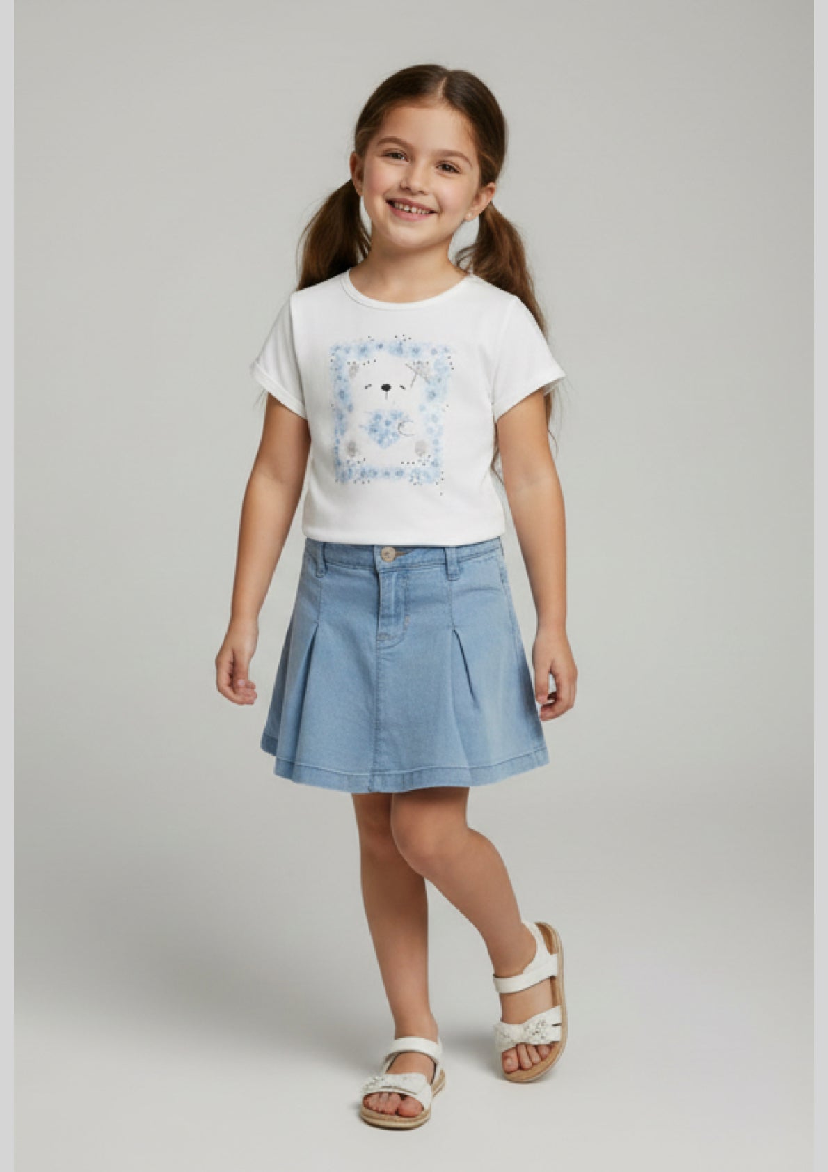 Completo bambina T-shirt con stampa orsetto e gonna in denim MISS IMAGE
