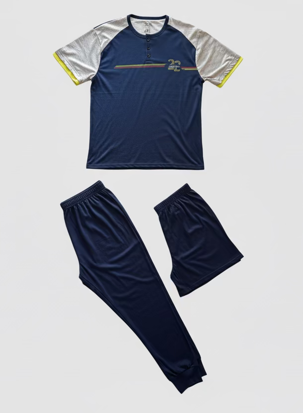 Pigiama Uomo 3 Pezzi con T-shirt Serafino, Pantalone Lungo e Bermuda Blu/Grigio KARELPIU’ - Taglia 54