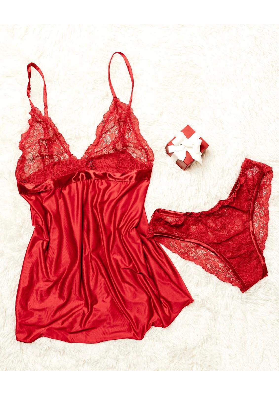 Coordinato donna 2 pezzi babydoll e brasiliana in pizzo ROSSOPORPORA+CONFEZIONE REGALO