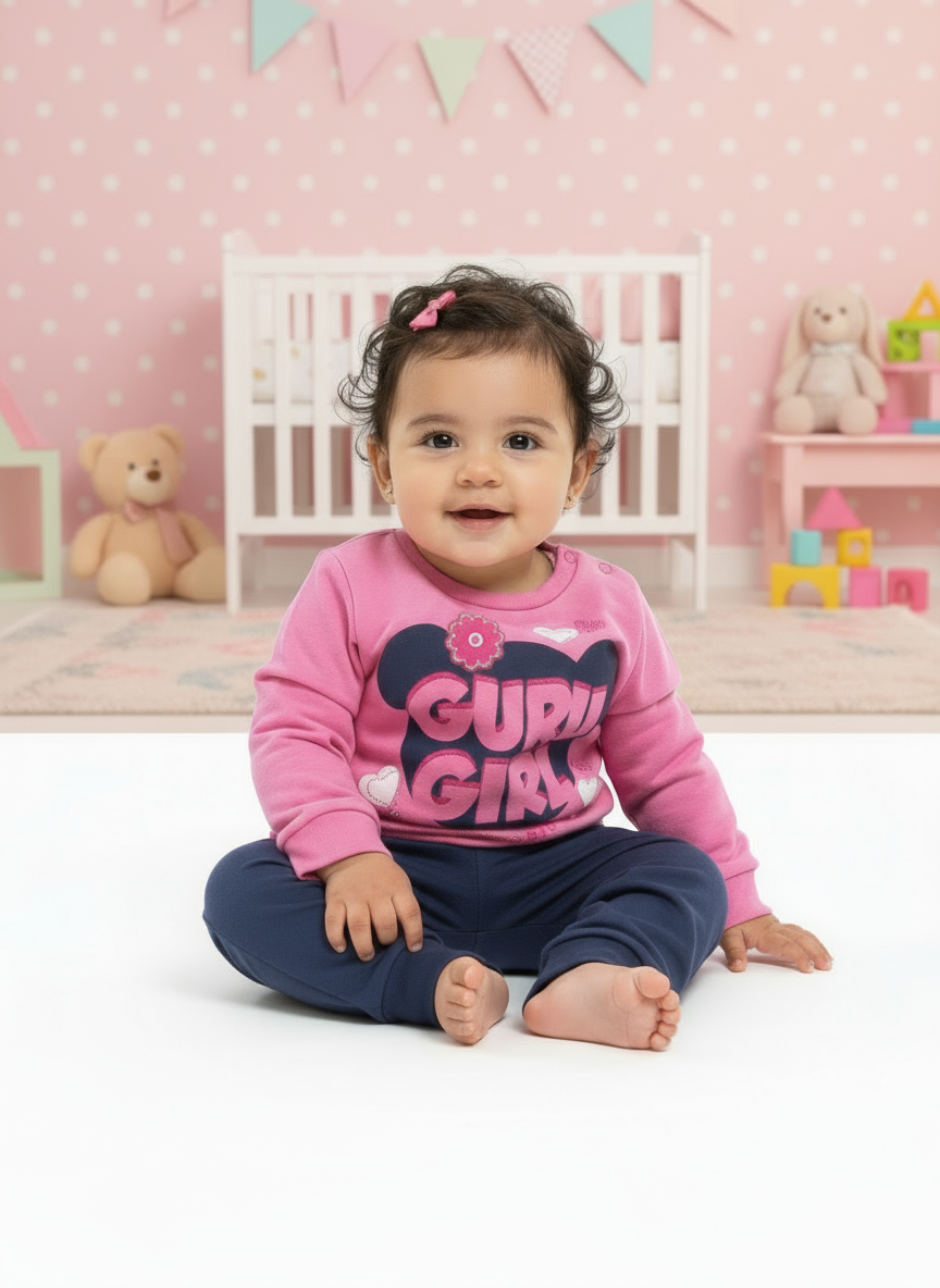 Tuta in felpa di cotone neonata fucsia e blu notte GURU - Taglia 9/12 mesi