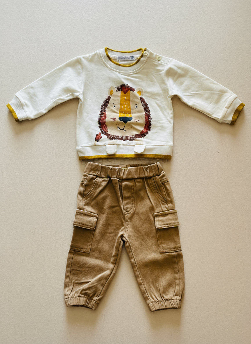 Completo Neonato caldo cotone Maglia con stampa leoncino e pantalone cargo - Taglia 3/6 mesi