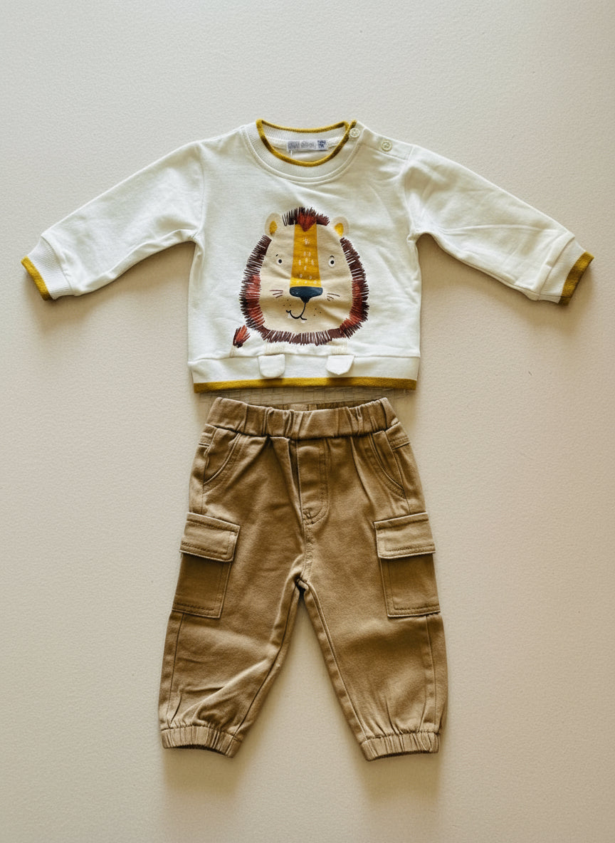 Completo Neonato caldo cotone Maglia con stampa leoncino e pantalone cargo - Taglia 3/6 mesi