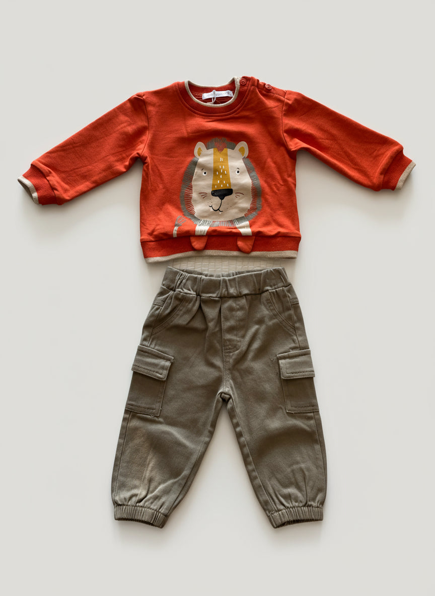 Completo Neonato caldo cotone Maglia con stampa leoncino e pantalone cargo - Taglia 6/9 mesi