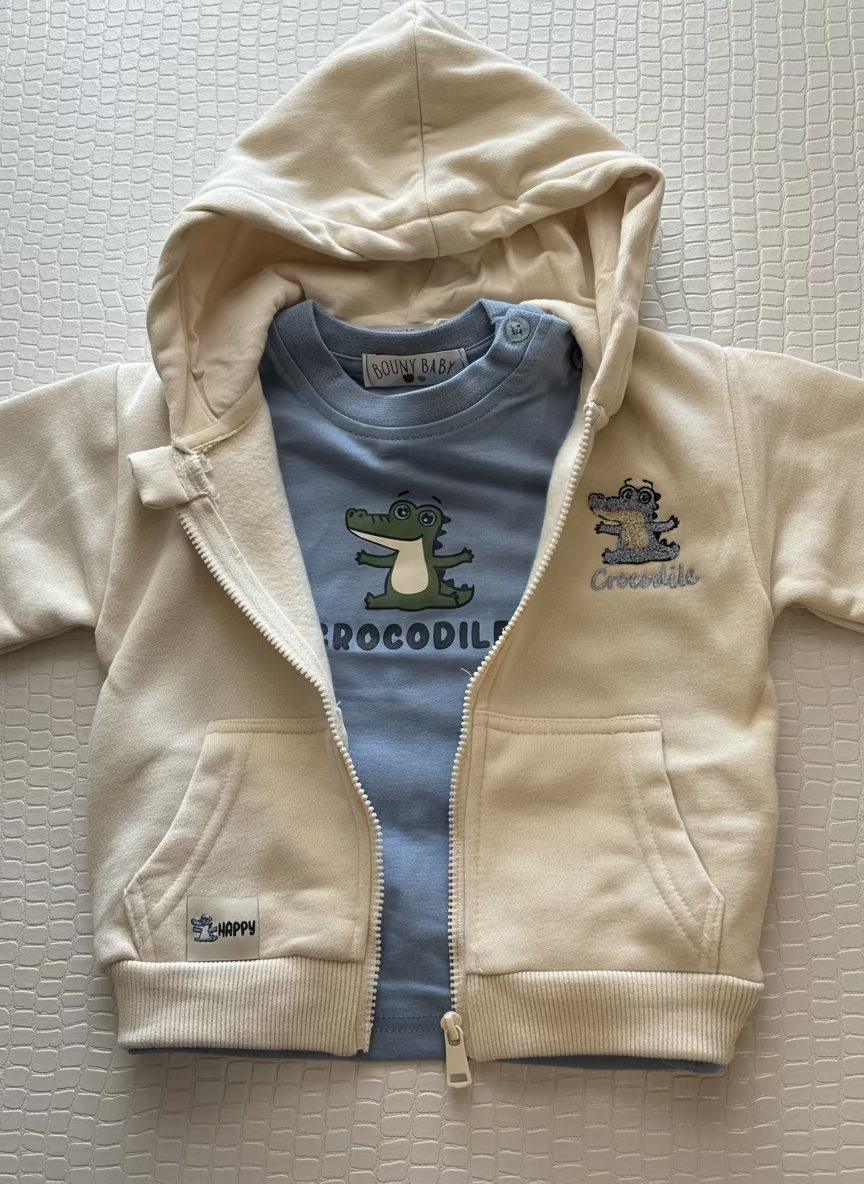 Completo Neonato 3 pezzi, maglia in caldo cotone+felpa con zip+pantalone in jeans di cotone