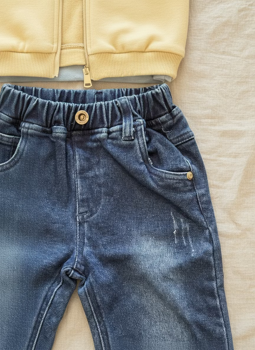 Completo Neonato 3 pezzi, maglia in caldo cotone+felpa con zip+pantalone in jeans di cotone