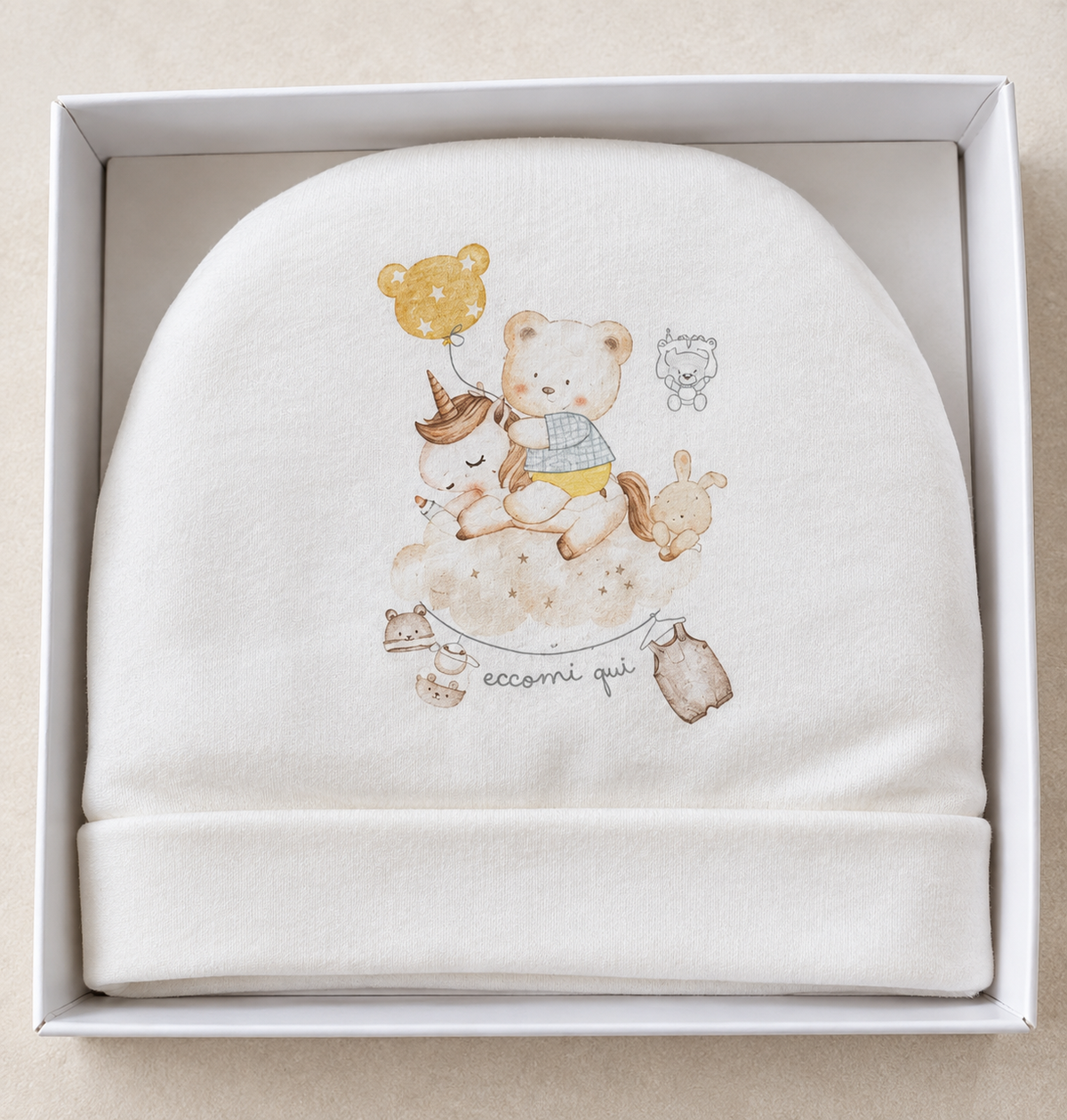 Set Nascita Neonato/a coordinato fantasia “Unicorno con Orsetti” 3 pezzi, in cotone: tutina, cappellino e completo lenzuolo culla CILIEGINA