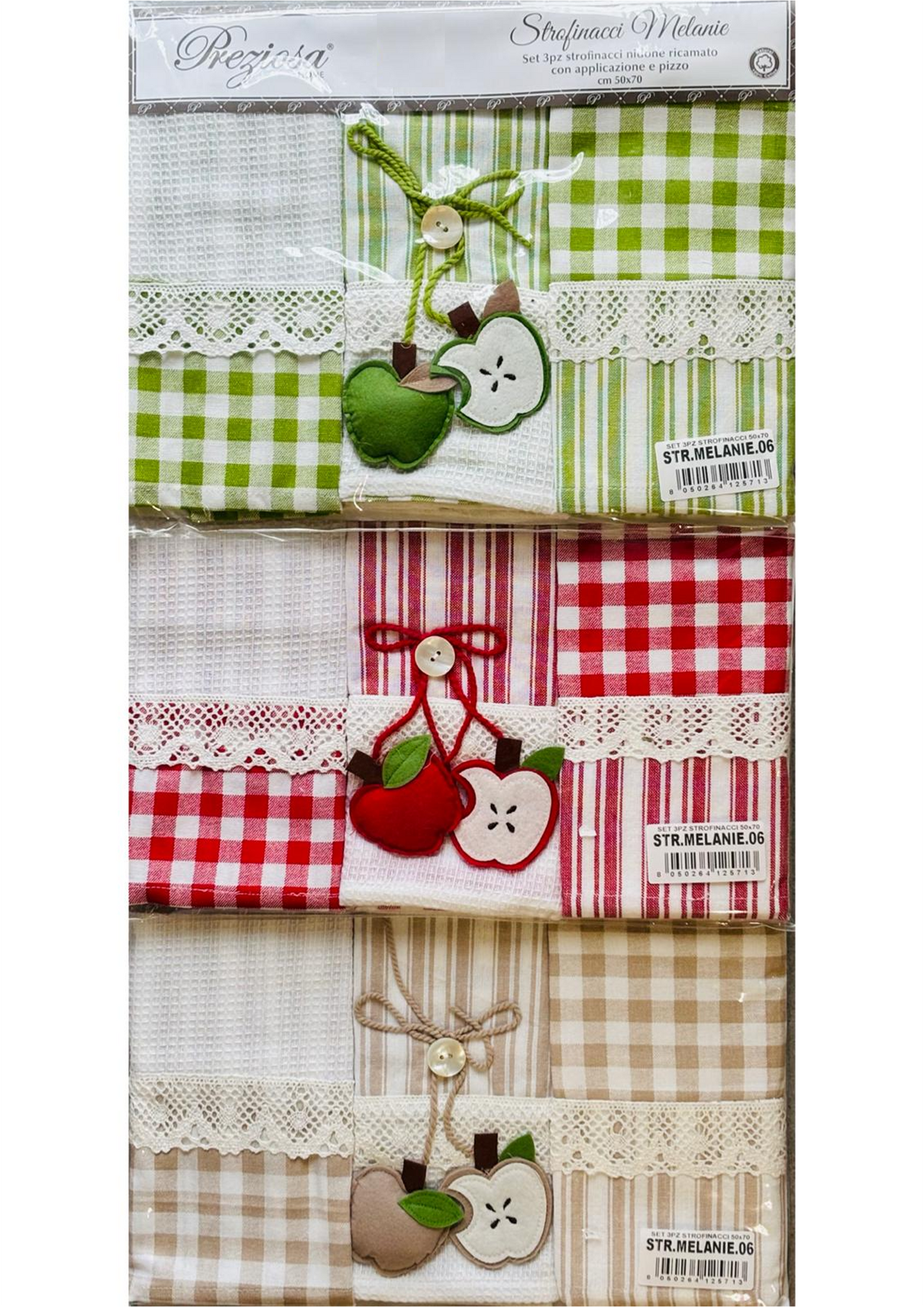 Set 3 pezzi strofinacci nidone ricamato con applicazione e pizzo PREZIOSA
