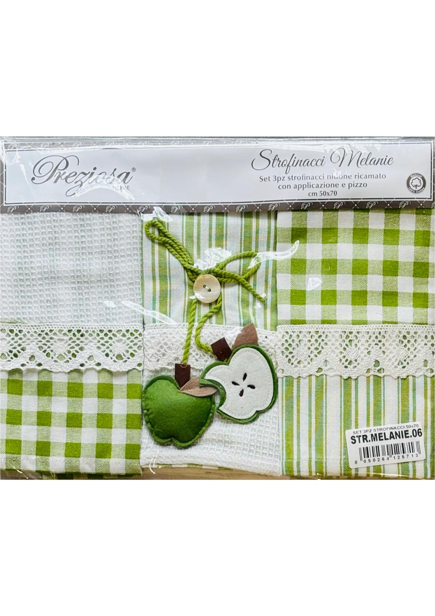 Set 3 pezzi strofinacci nidone ricamato con applicazione e pizzo PREZIOSA