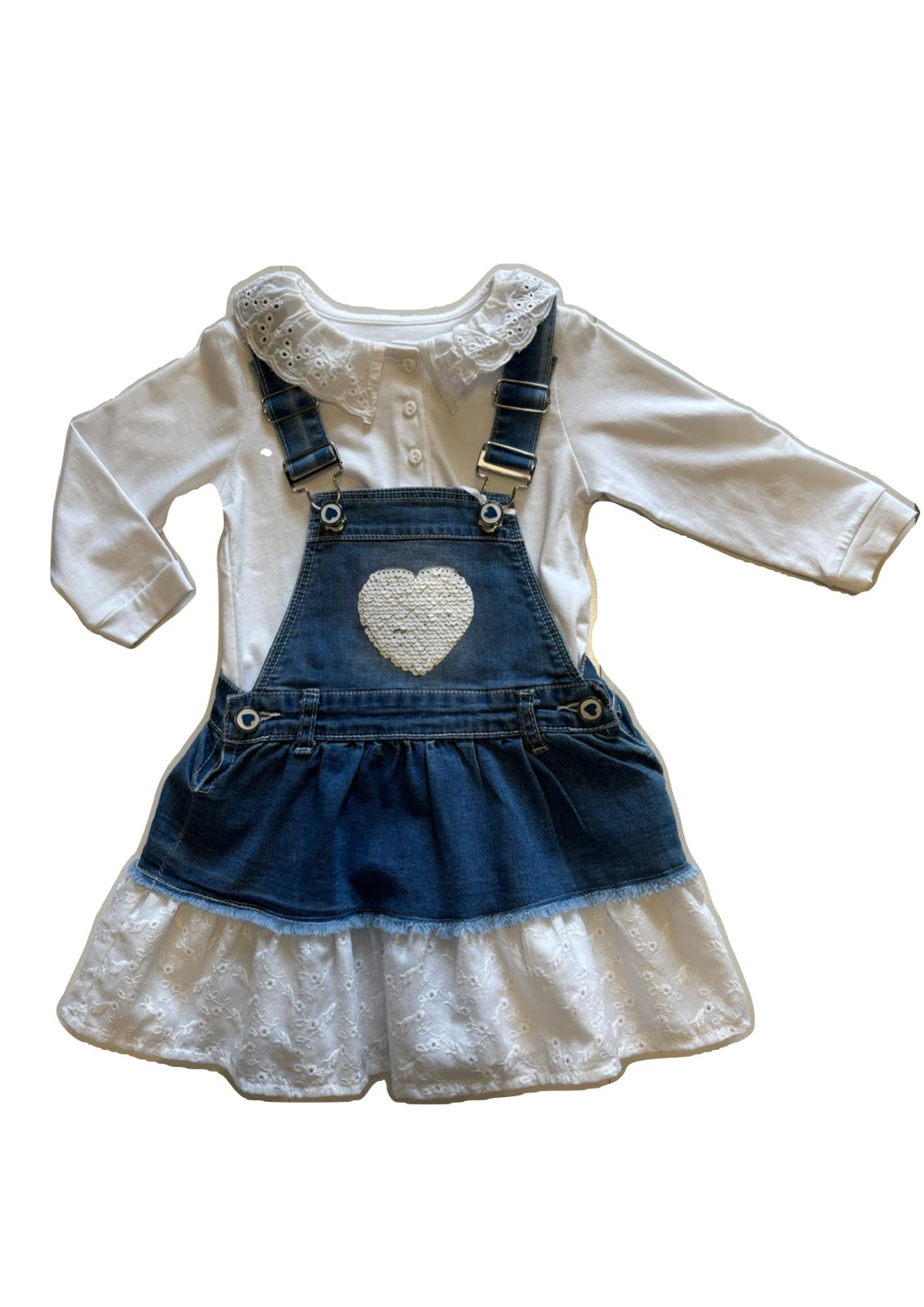 Completo gonna salopette e maglietta maniche lunghe jeans e pizzo Sangallo LOLLITOP - Taglia 12/18 mesi