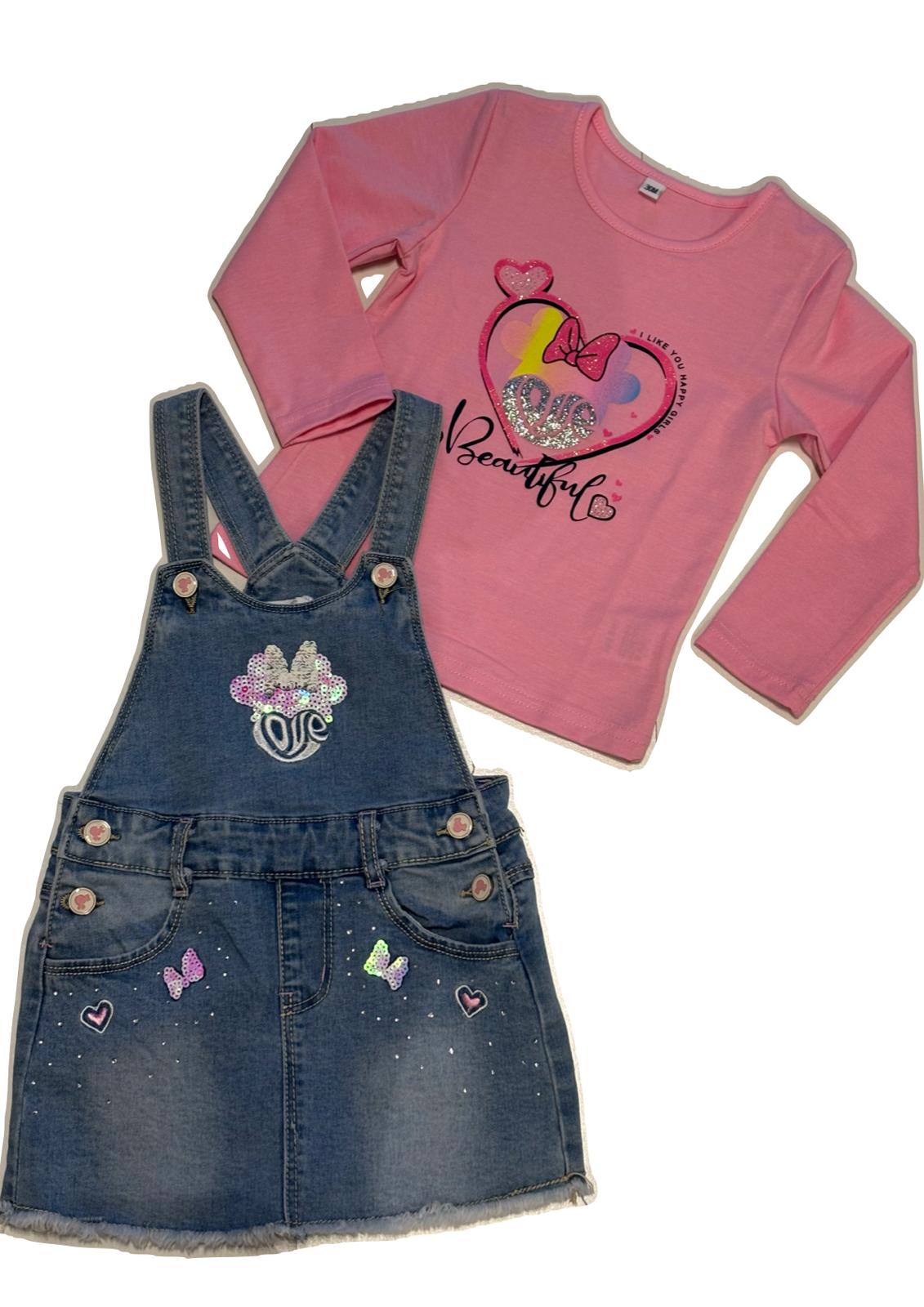 Completo gonna salopette jeans e maglietta maniche lunghe PINK BABY