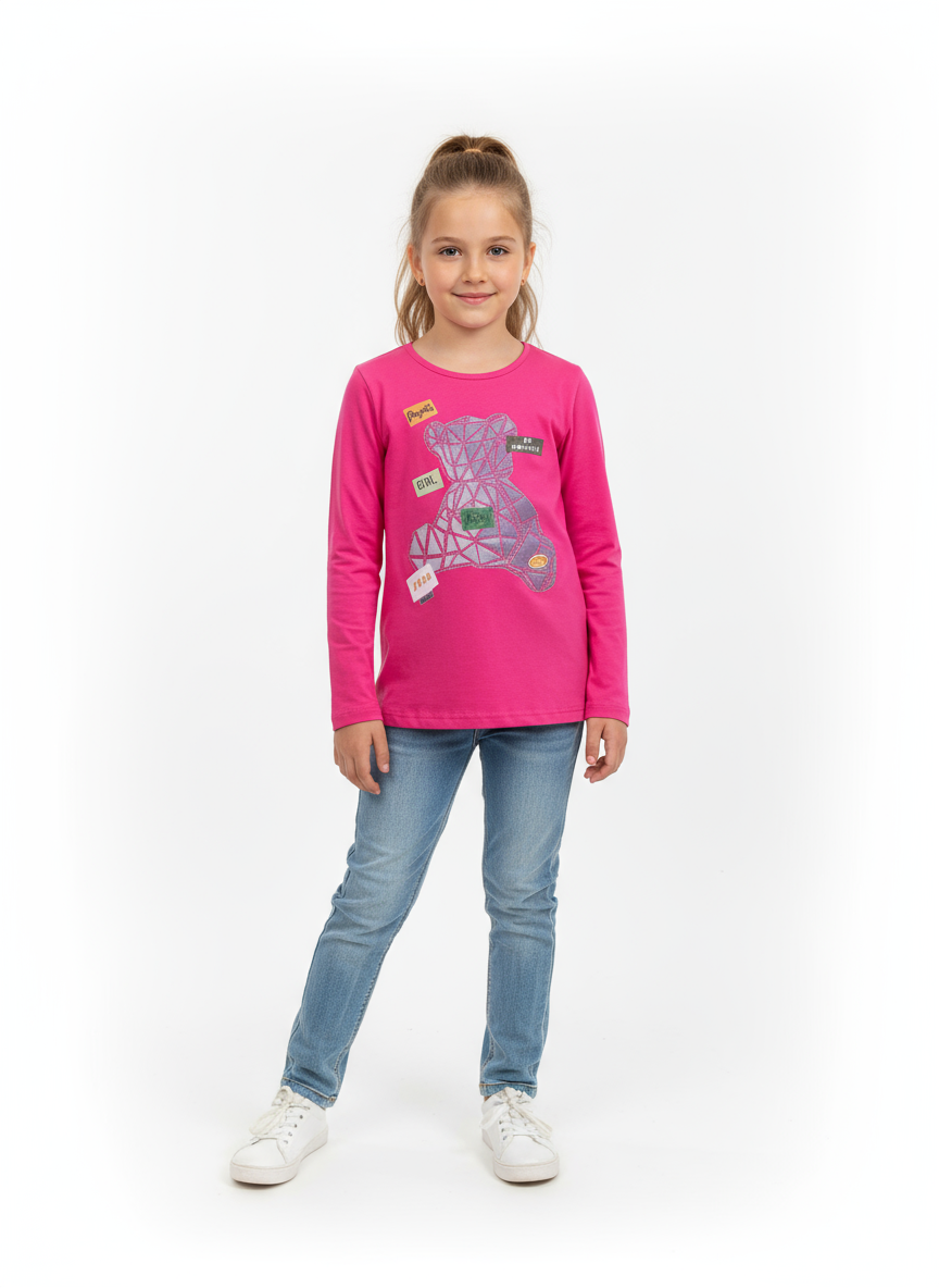 T-shirt Bambina e Ragazza manica lunga in jersey di cotone stampata con strass