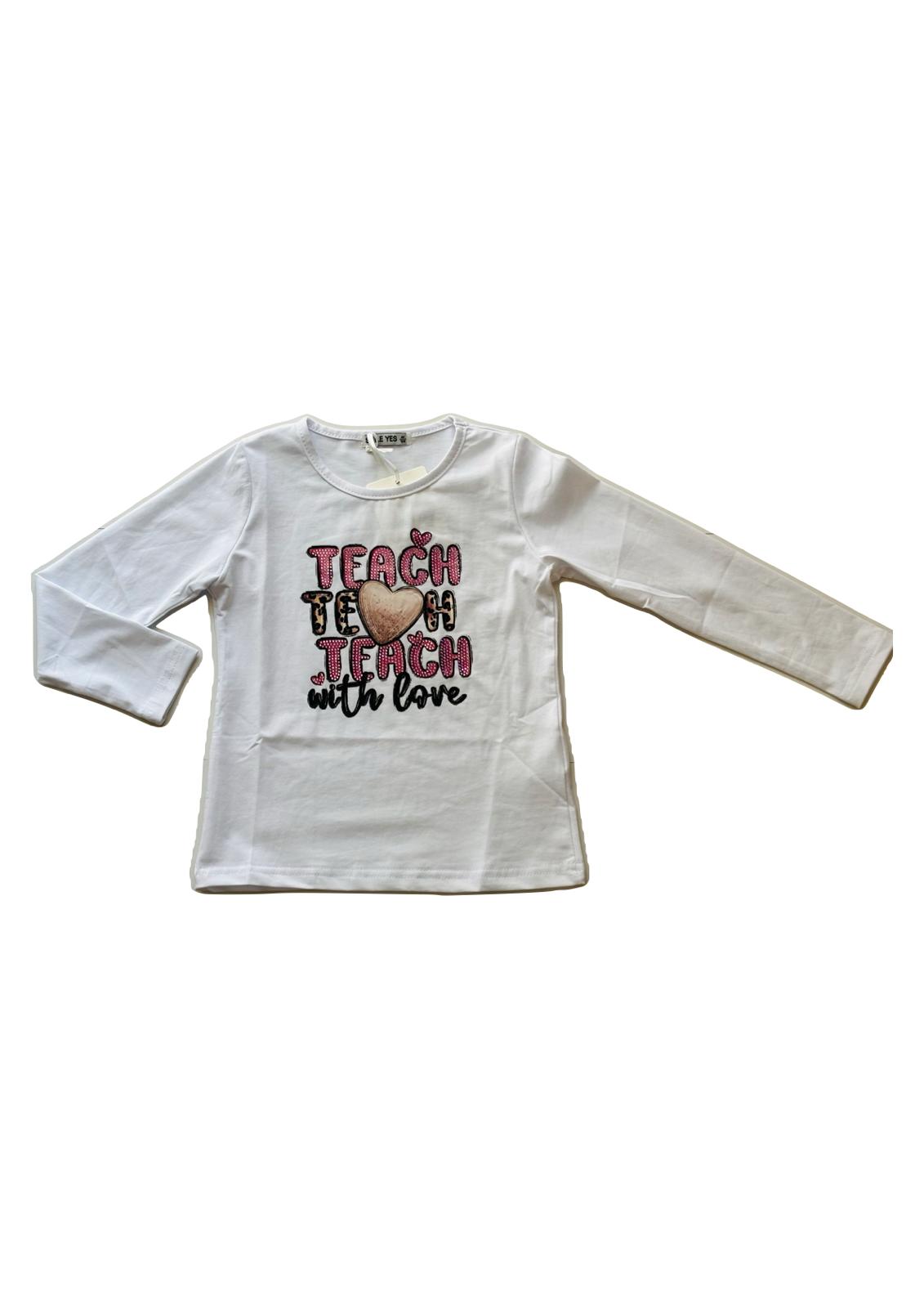 T-shirt Bambina manica lunga in jersey di cotone stampata con strass