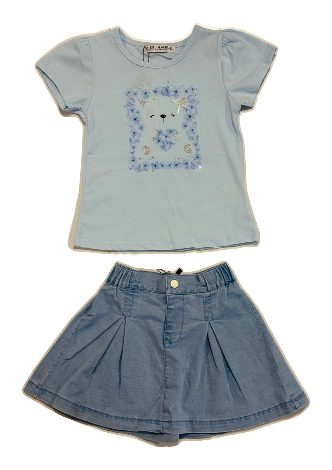 Completo bambina T-shirt con stampa orsetto e gonna in denim MISS IMAGE