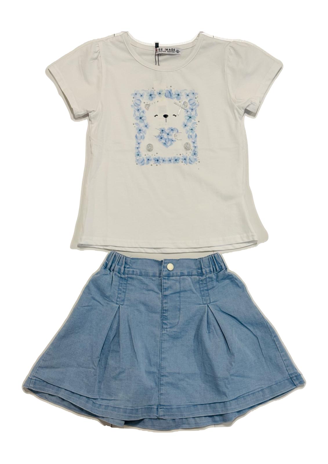 Completo bambina T-shirt con stampa orsetto e gonna in denim MISS IMAGE