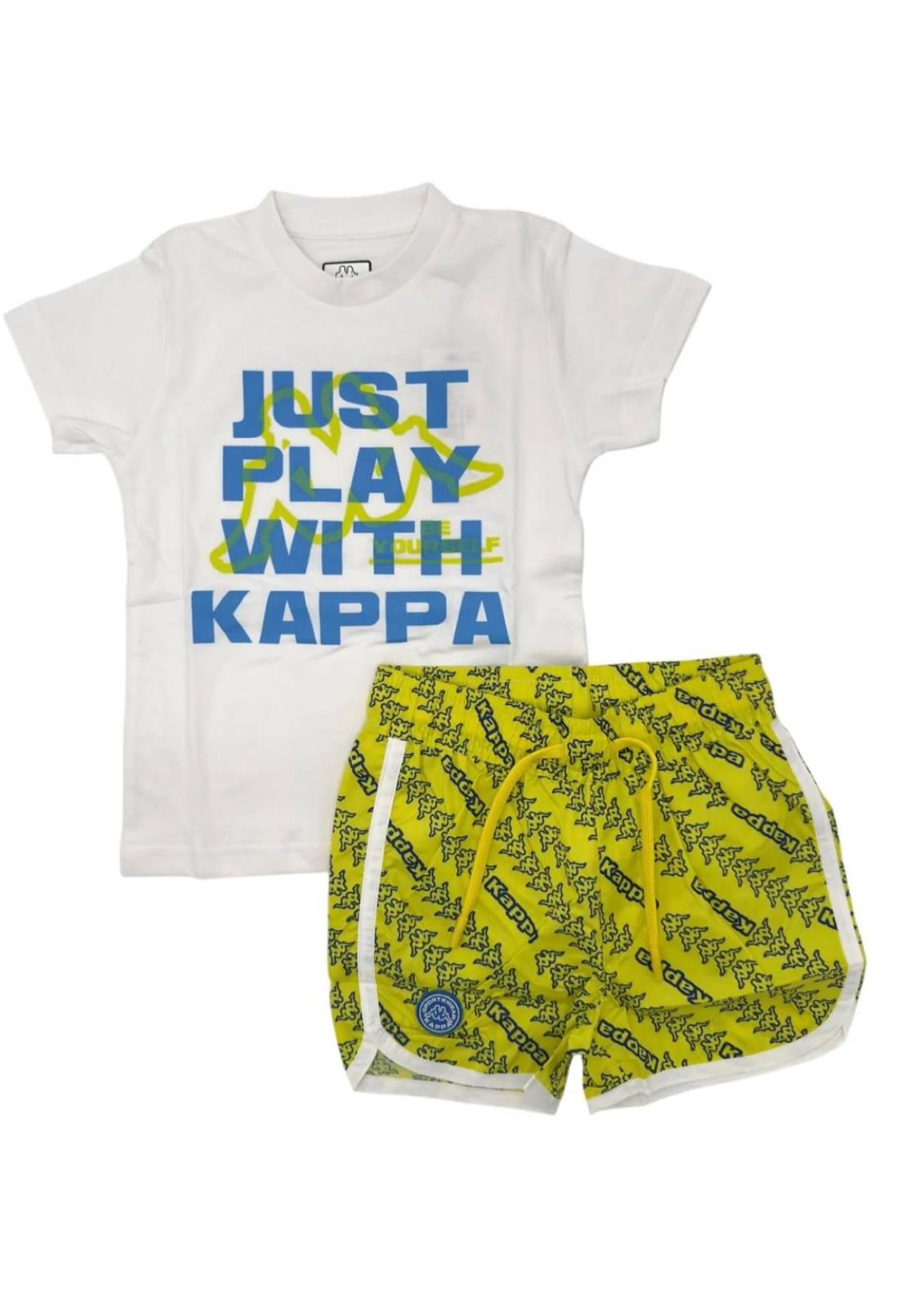 Completo mare bambino T-shirt bianca + boxer giallo fluo KAPPA