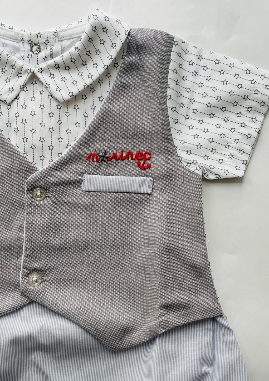 Pagliaccetto elegante neonato effetto gilet grigio e pantaloncino a righe – NAZARENO GABRIELLI