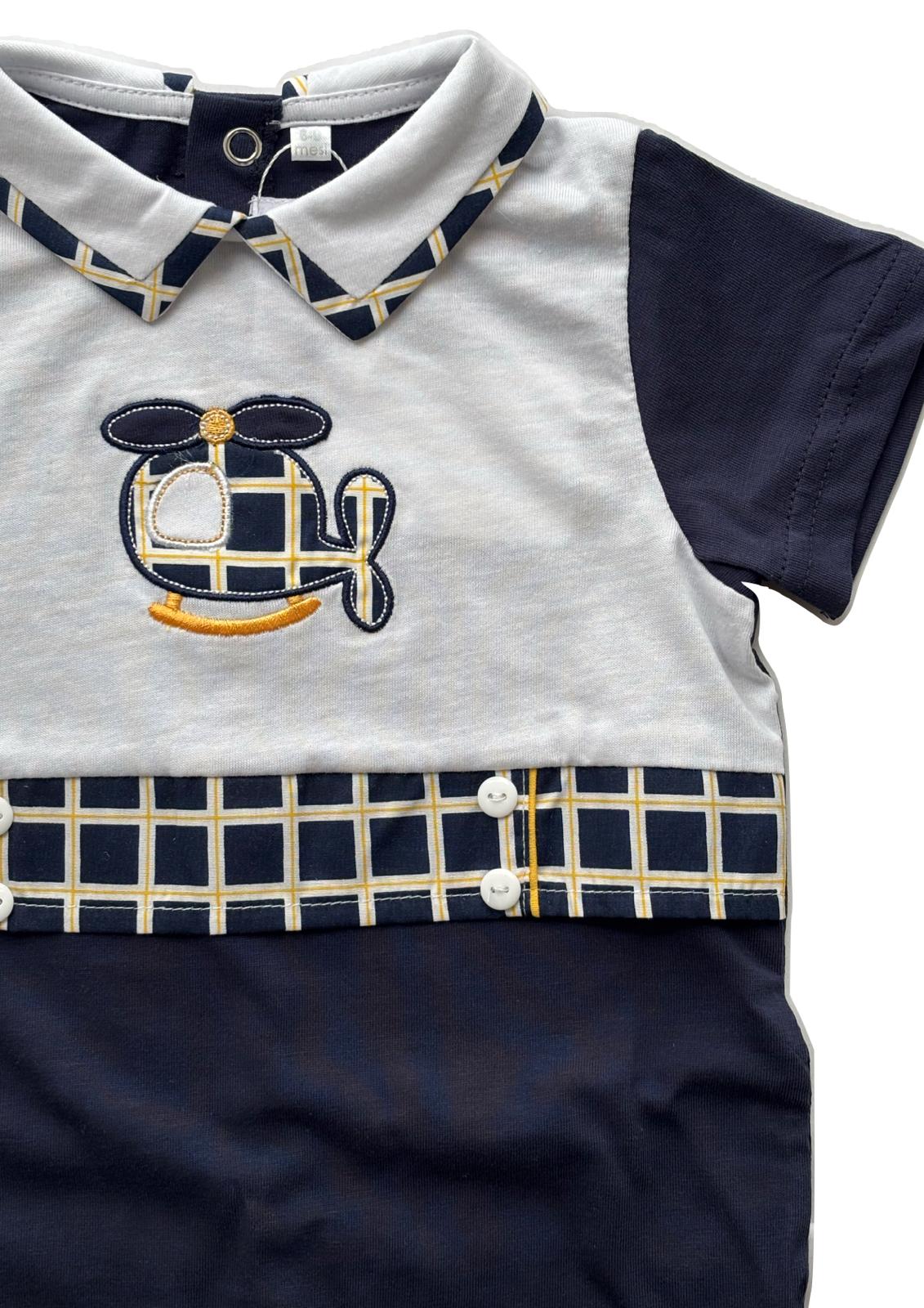 Pagliaccetto neonato effetto maglietta bianca e pantaloncino blu Navy con dettagli a quadri – LES JOLIES - Taglia 6/9 mesi