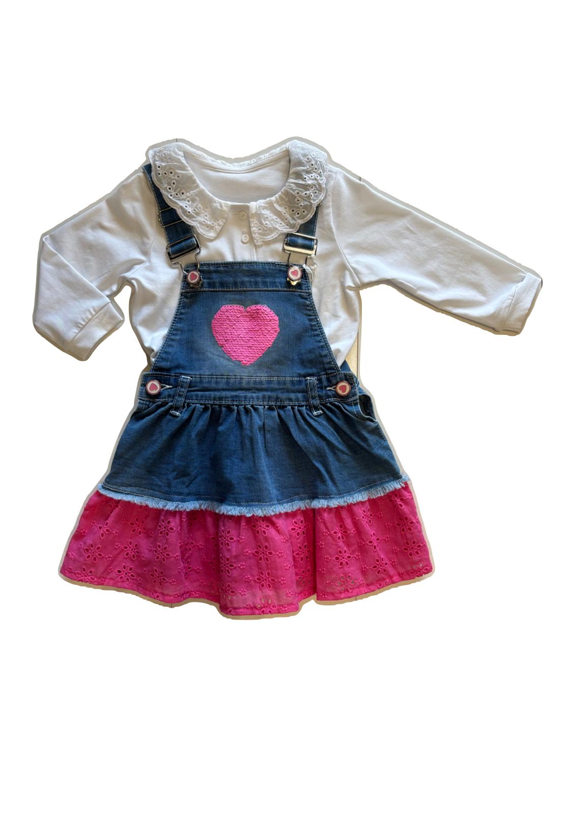 Completo gonna salopette e maglietta maniche lunghe jeans e pizzo Sangallo LOLLITOP