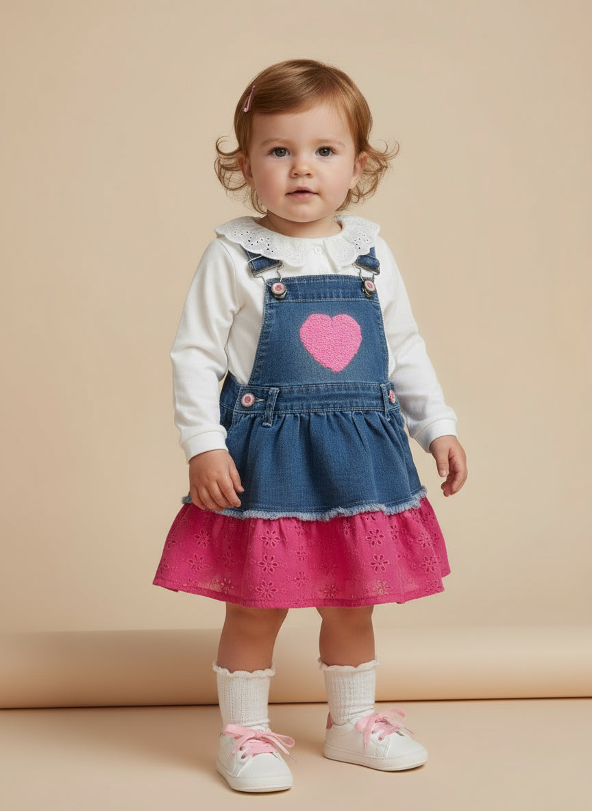 Completo gonna salopette e maglietta maniche lunghe jeans e pizzo Sangallo LOLLITOP