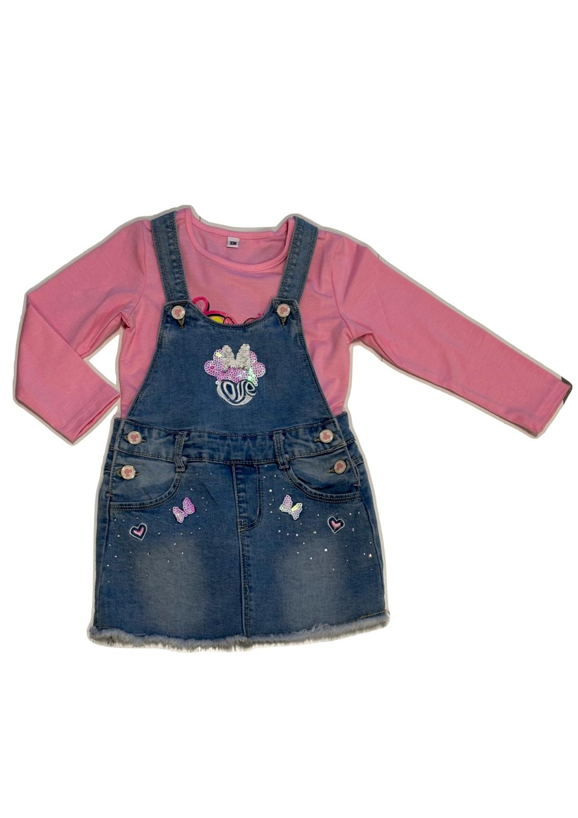 Completo gonna salopette jeans e maglietta maniche lunghe PINK BABY