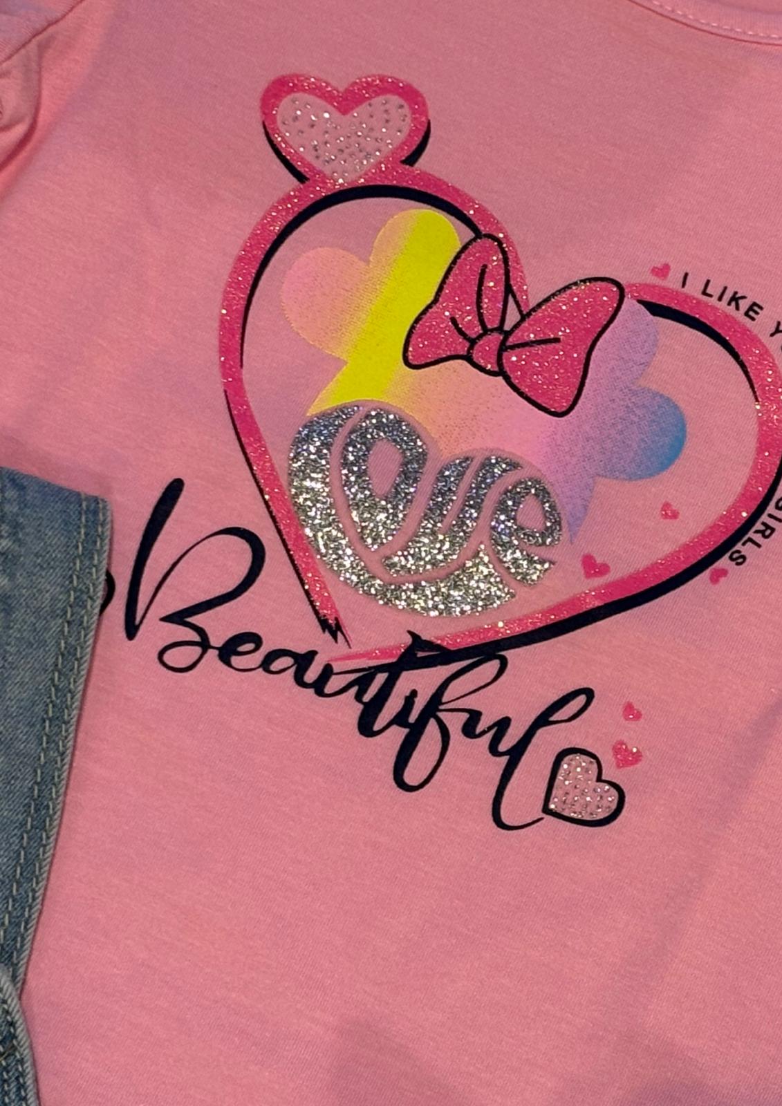 Completo gonna salopette jeans e maglietta maniche lunghe PINK BABY