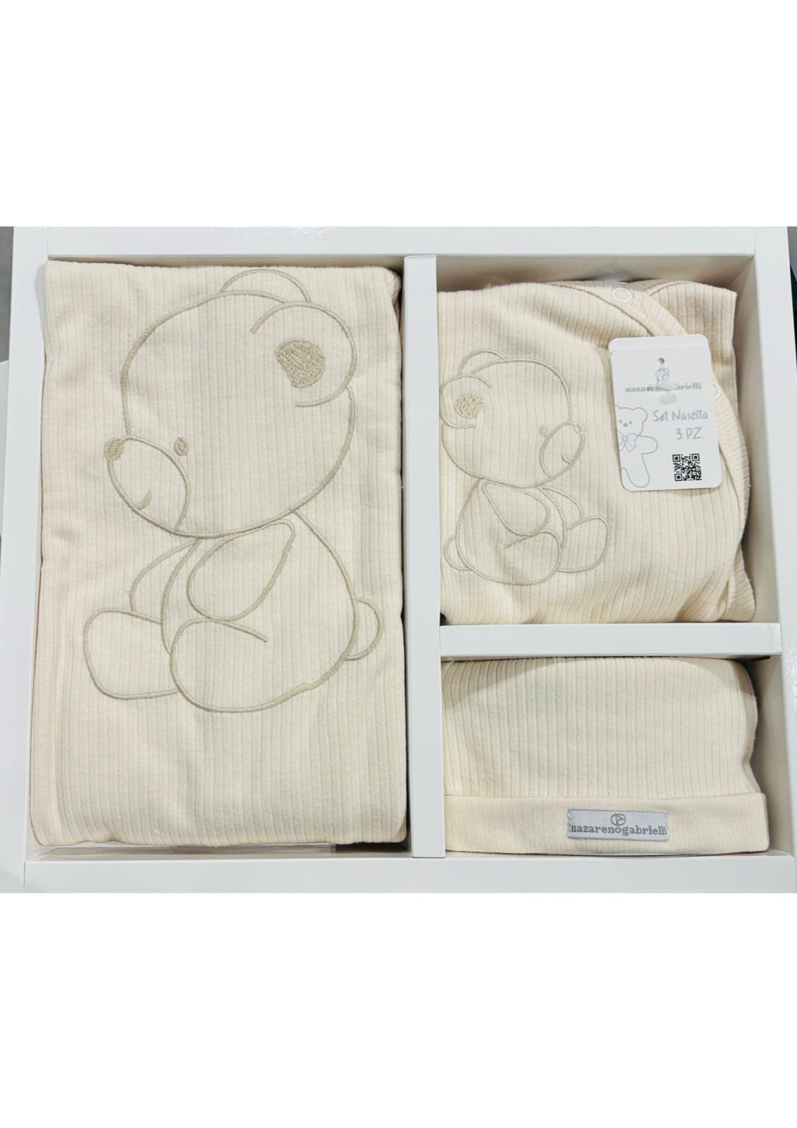 Set Nascita 3 Pezzi, copertina + Tutina + Cappellino, in Puro Cotone NAZARENO GABRIELLI