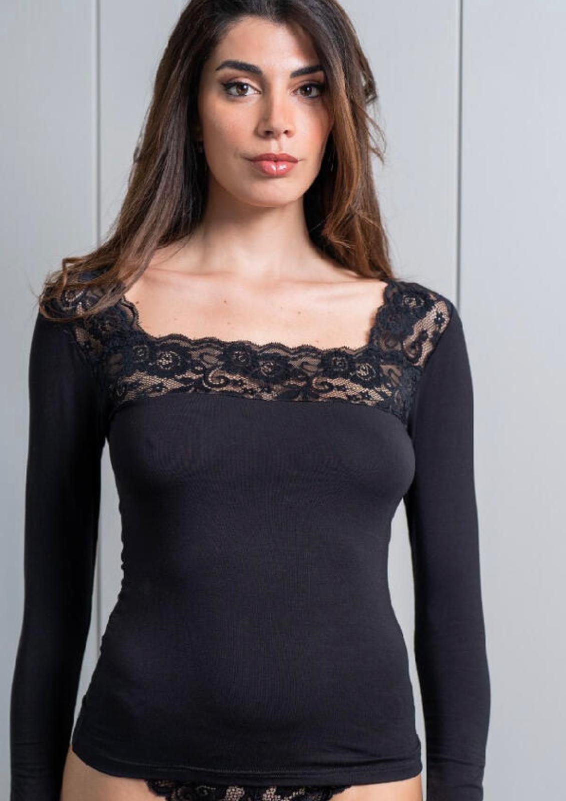 Maglia Donna manica lunga in cotone elasticizzato e pizzo RISVEGLIA I SENSI