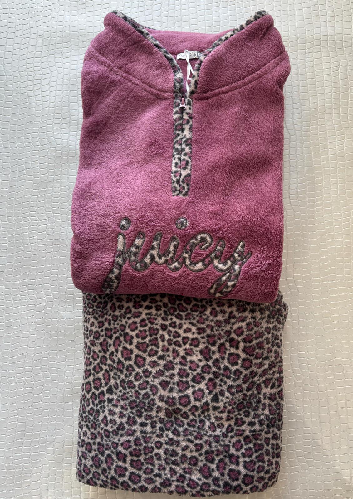 Pigiama Donna Pile Coral fleece Calibrato fantasia animalier magenta e grigio - Taglia 60