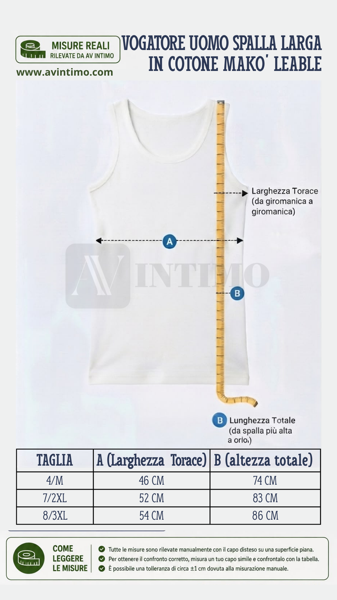 Schema guida alle taglie vogatore uomo spalla larga in cotone makò LEABLE