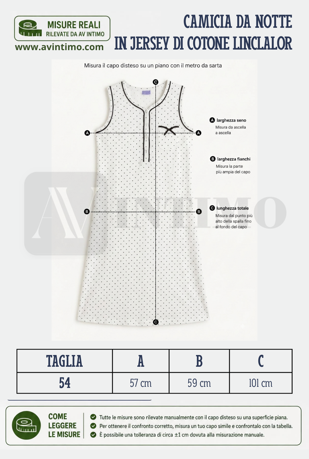 Schema Guida alle taglie Camicia da notte Spalla Larga Linclalor taglia 54