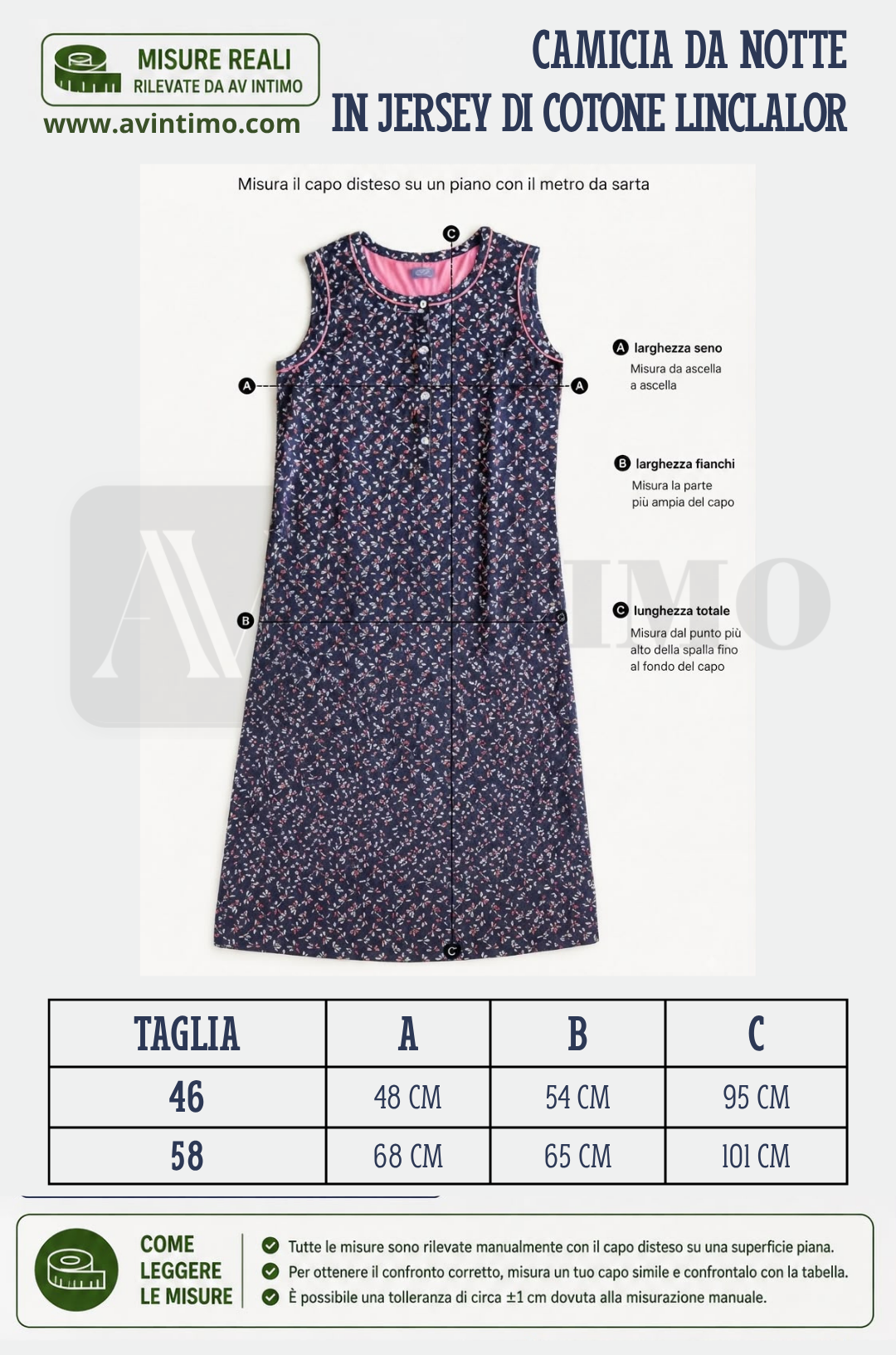 Schema Guida alle Taglie camicia da notte donna spalla larga linclalor taglie 46 e 58