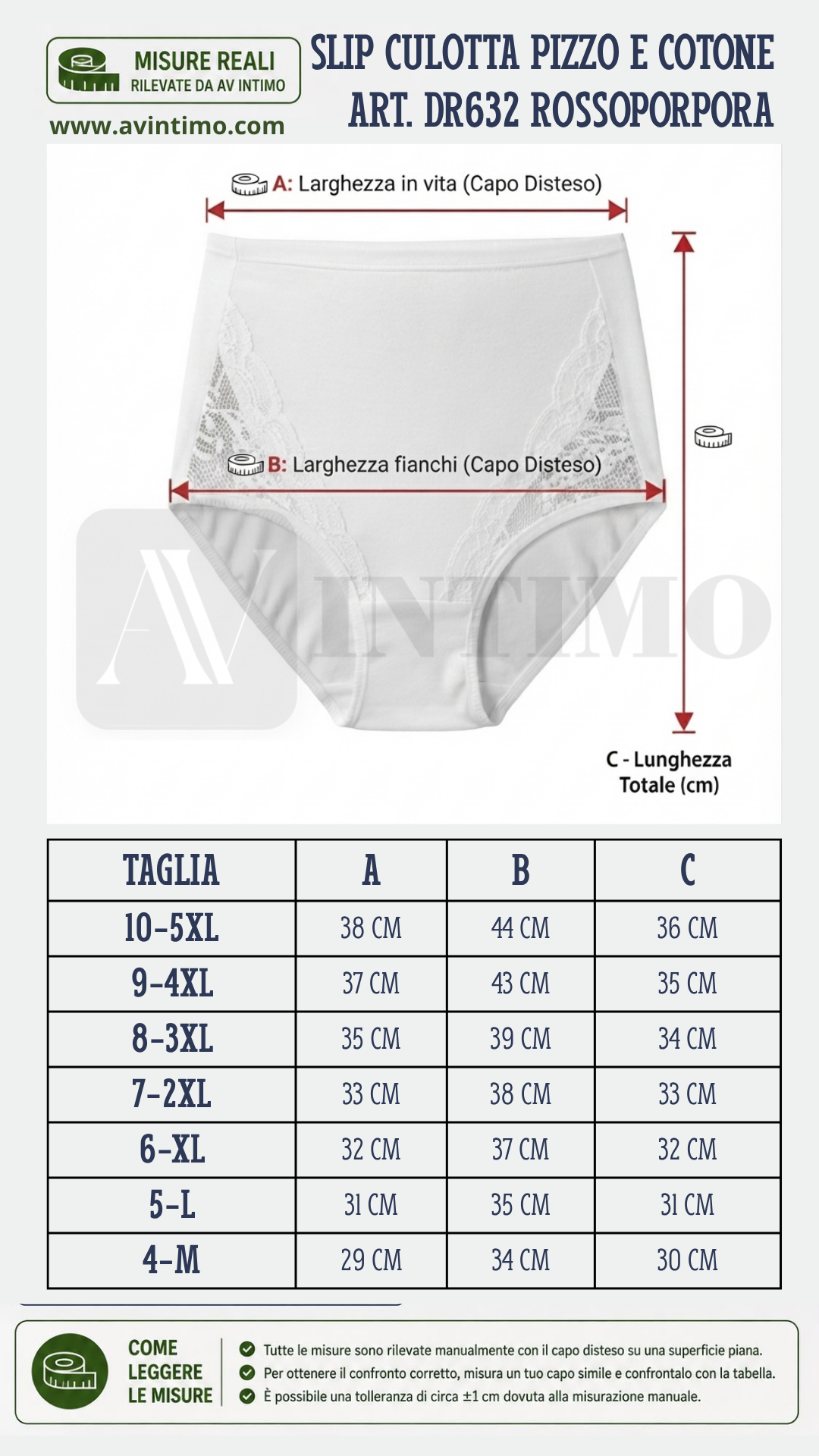 Schema Guida alle Taglie per Culotta Donna in Cotone e Pizzo ROSSOPORPORA Art. DR632-nero dalla taglia 4-M alla 10-5XL