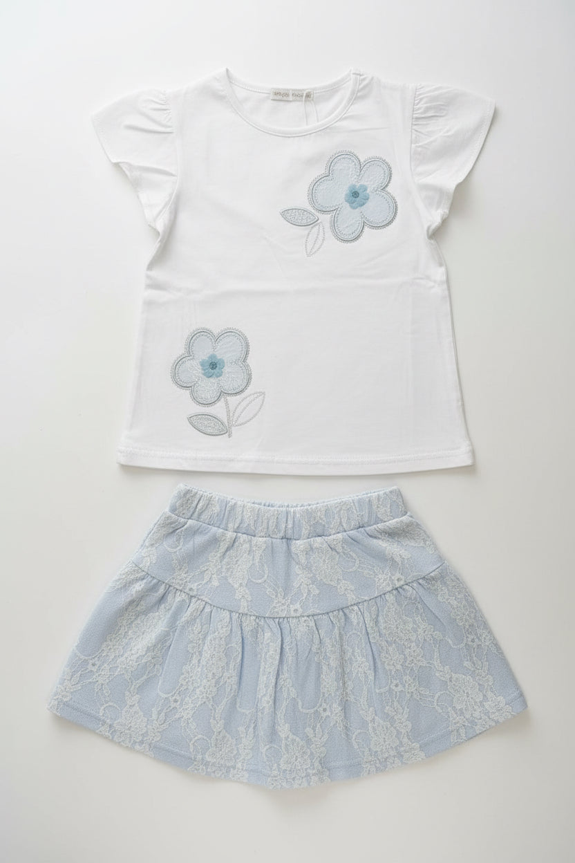 Completino bimba con gonna effetto jeans e applicazioni in pizzo - Taglia 36 mesi