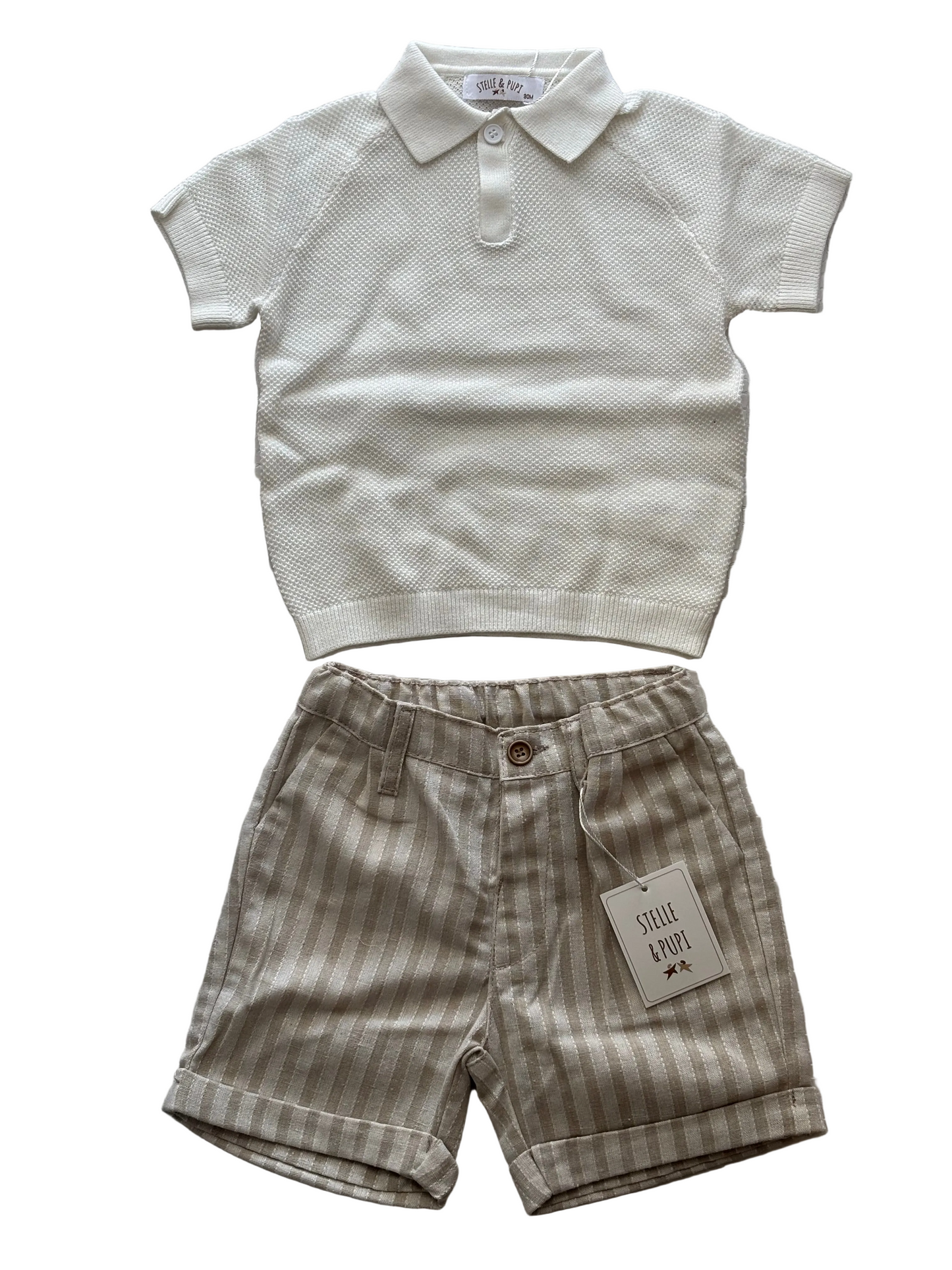 Completo Neonato Polo Bianca e Bermuda Beige a righe STELLE&PUPI