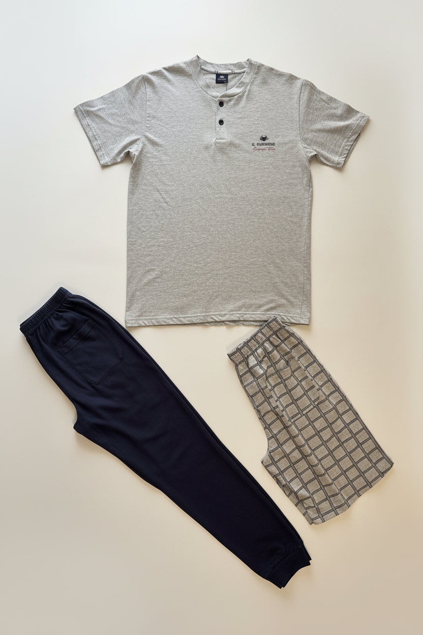 Pigiama Uomo 3 Pezzi con T-shirt Serafino, Pantalone Lungo e Bermuda Grigio/Navy IL GRANCHIO – Taglia 52