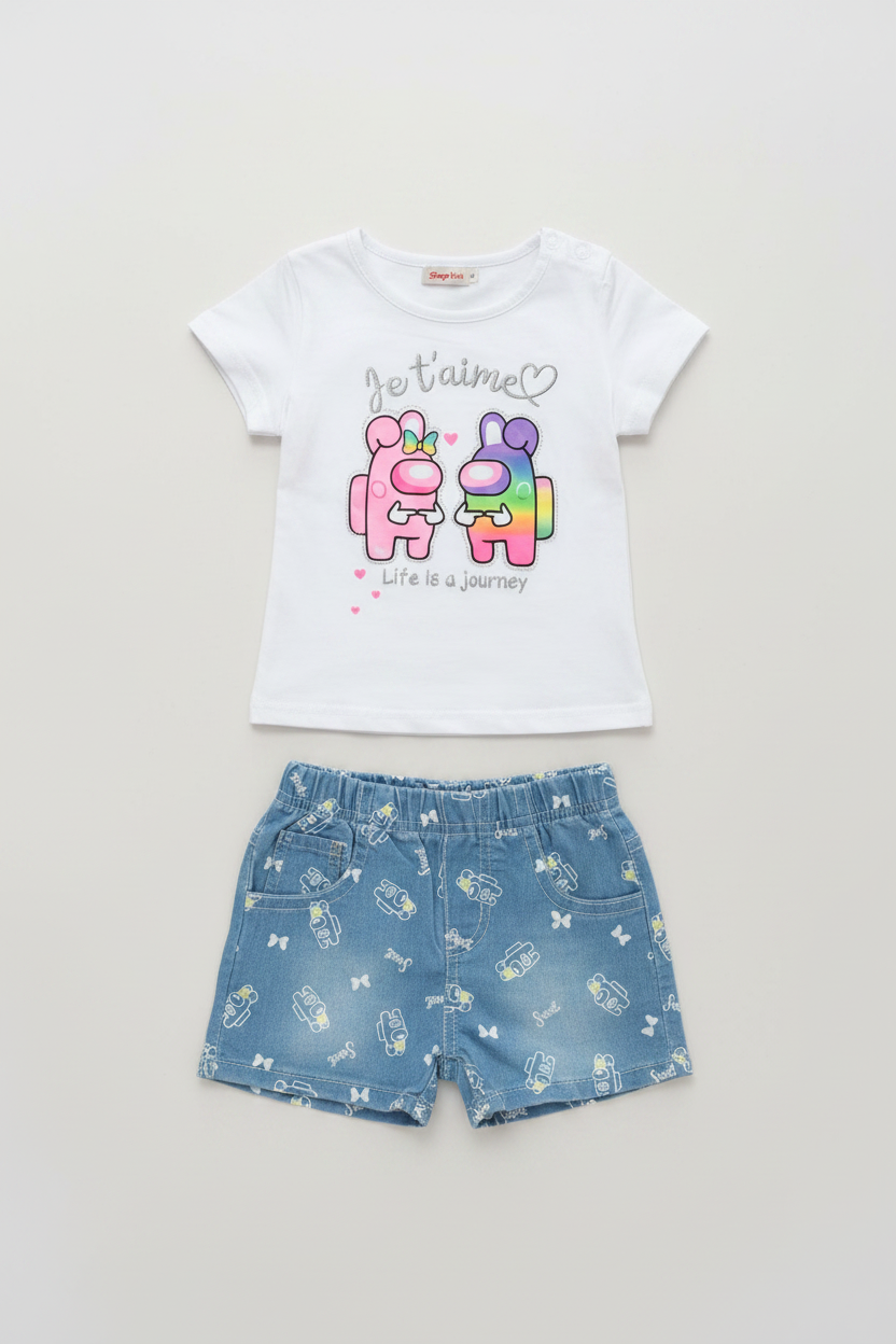 Completo Estivo Neonata "Je t'aime" T-shirt e Pantaloncini Denim a Fantasia