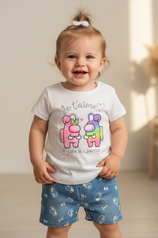 Completo Estivo Neonata "Je t'aime" T-shirt e Pantaloncini Denim a Fantasia