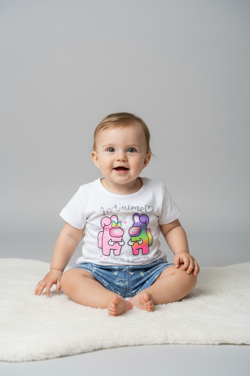 Completo Estivo Neonata "Je t'aime" T-shirt e Pantaloncini Denim a Fantasia