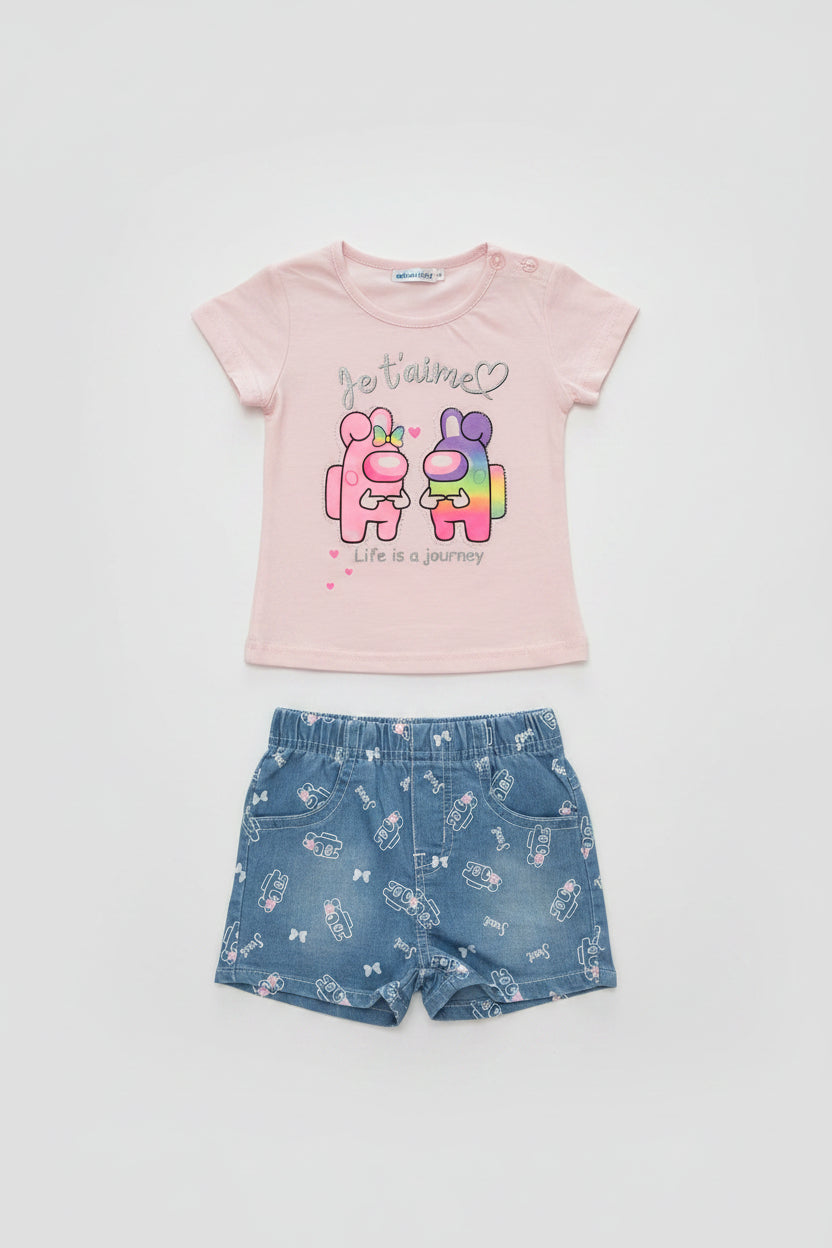 Completo Estivo Neonata "Je t'aime" T-shirt e Pantaloncini Denim a Fantasia