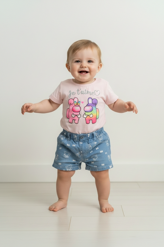 Completo Estivo Neonata "Je t'aime" T-shirt e Pantaloncini Denim a Fantasia