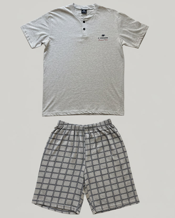 Pigiama Uomo 3 Pezzi con T-shirt Serafino, Pantalone Lungo e Bermuda Grigio/Navy IL GRANCHIO – Taglia 52