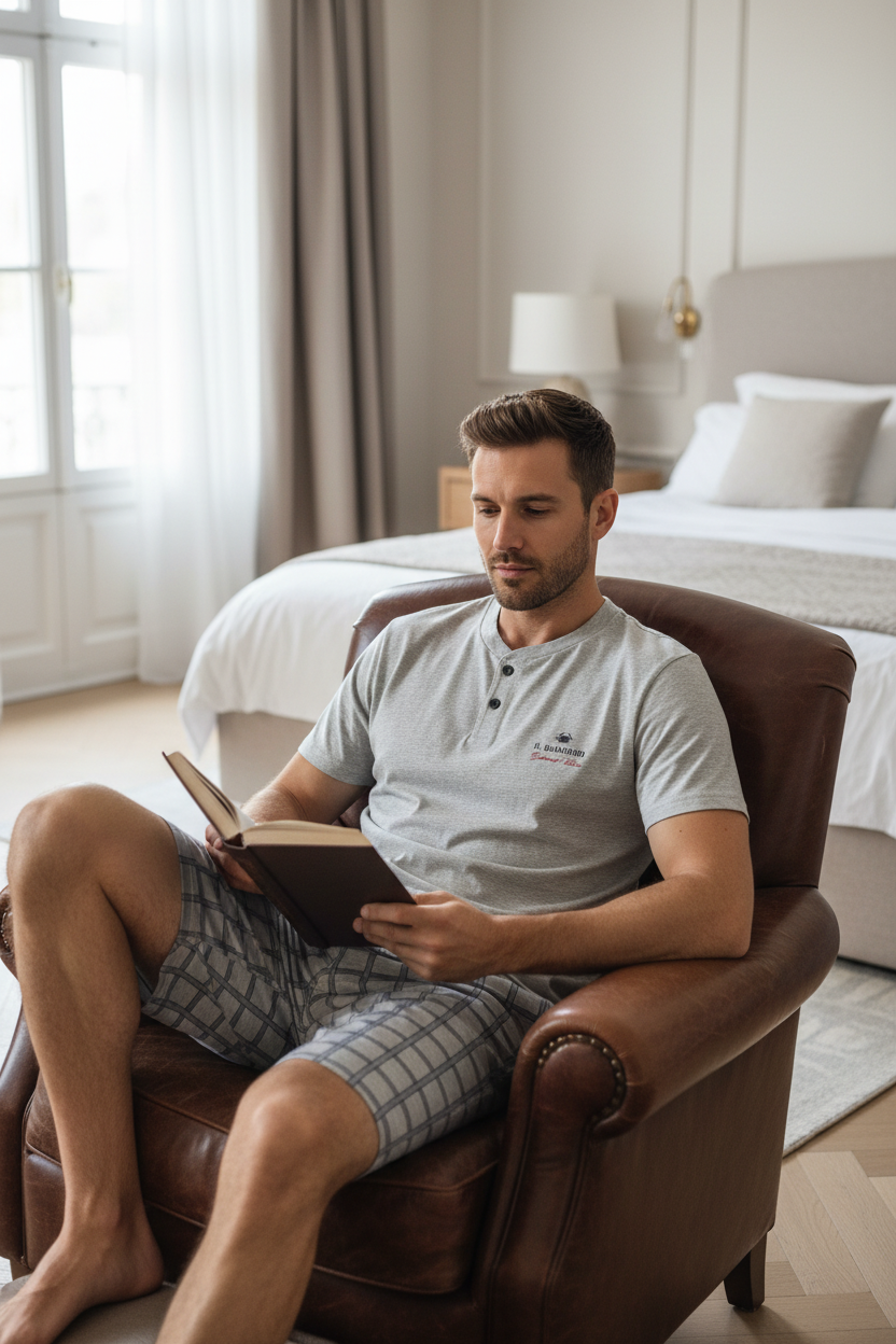 Pigiama Uomo 3 Pezzi con T-shirt Serafino, Pantalone Lungo e Bermuda Grigio/Navy IL GRANCHIO – Taglia 52