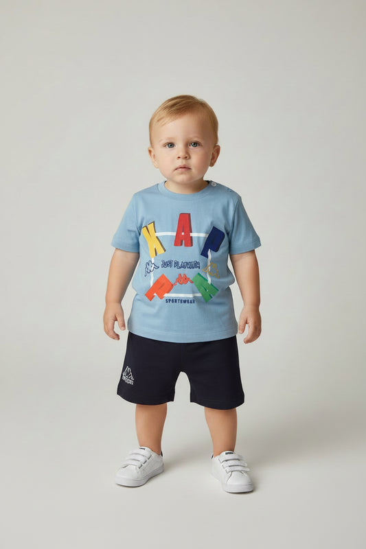 Completo Neonato T-Shirt celeste e Bermuda blu navy in cotone KAPPA - Taglia 12 mesi