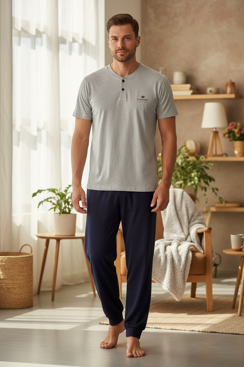 Pigiama Uomo 3 Pezzi con T-shirt Serafino, Pantalone Lungo e Bermuda Grigio/Navy IL GRANCHIO – Taglia 52